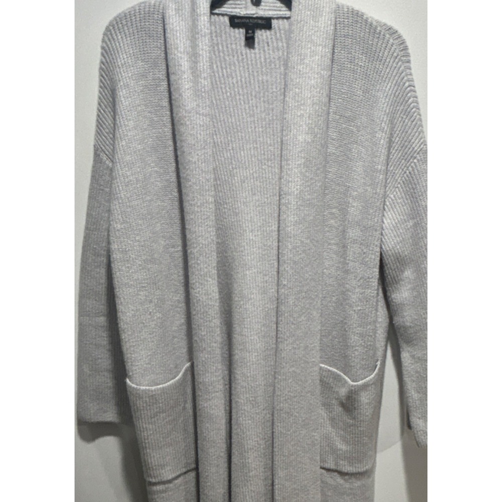 Banana Republic Knit Cardigan Sweater Gray M Ribbed Long Sleeve Open Pockets‎